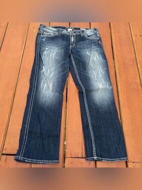 Silver Dark Blue Flare Capri Jeans Y2K Distressed Vintage Streetwear
